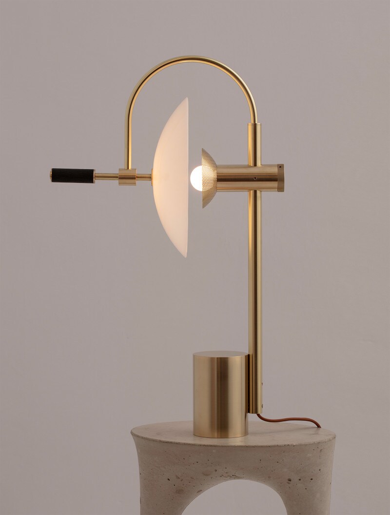 Aperture Table Lamp shown in Brass, Black Walnut, Opal Dome, Tan Leather
